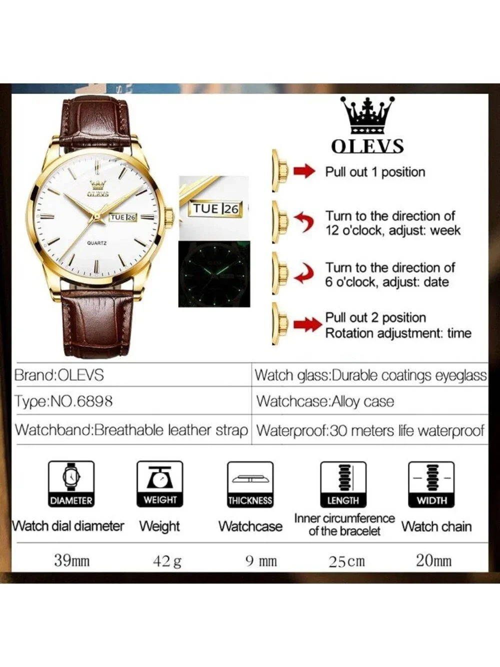 Men's White And Gold Quartz Leather Brown Buckle Waterproof Luminous Round Watch